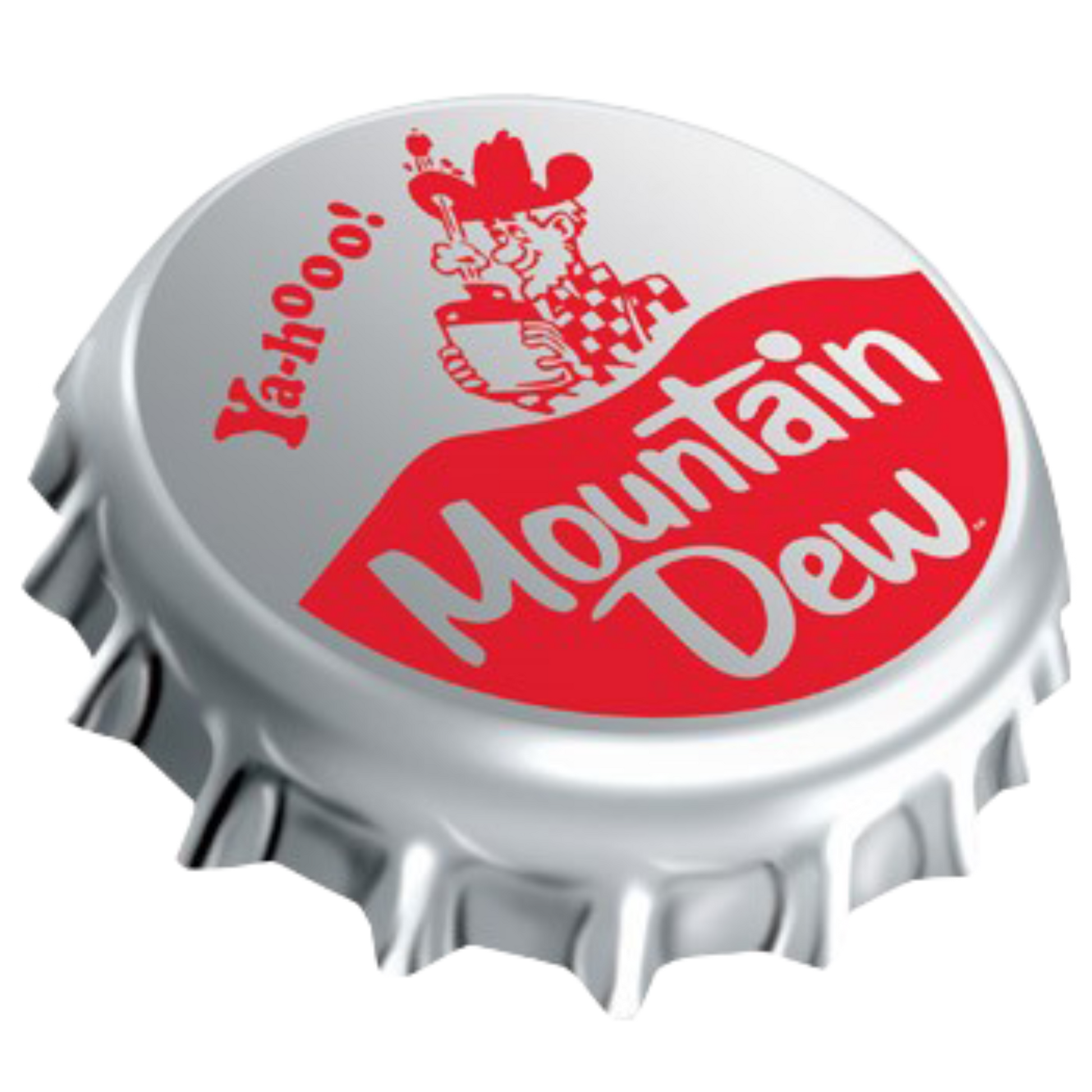 Silver bottle cap with the red Mountain Dew logo and vintage "Yahoo!" hillbilly graphic.