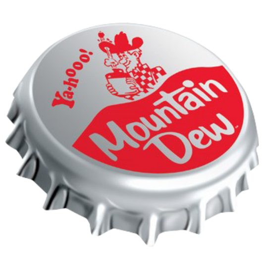 Silver bottle cap with the red Mountain Dew logo and vintage "Yahoo!" hillbilly graphic.