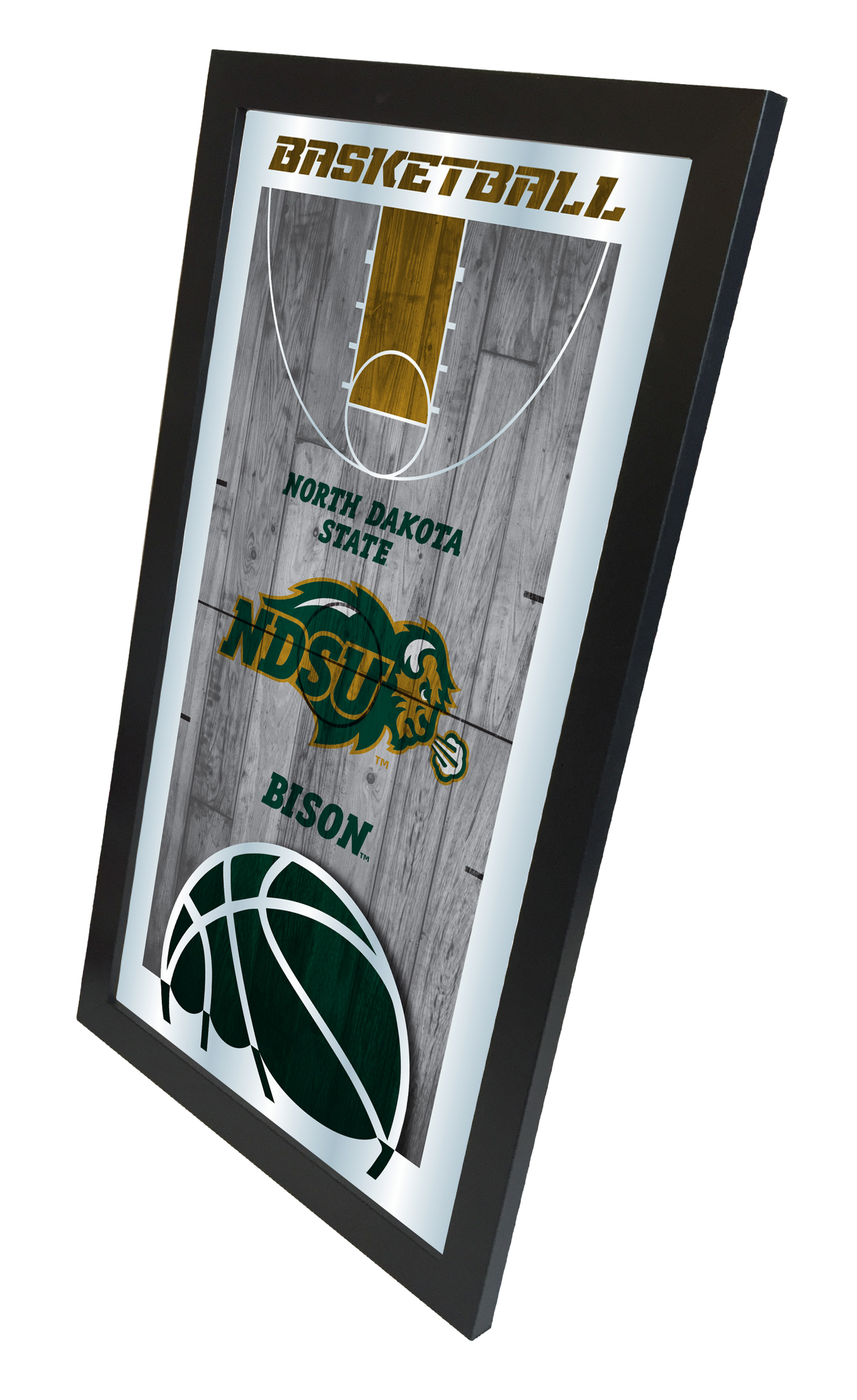 North Dakota State University Bison logo on a basketball court design mirror, captured at an angled perspective.