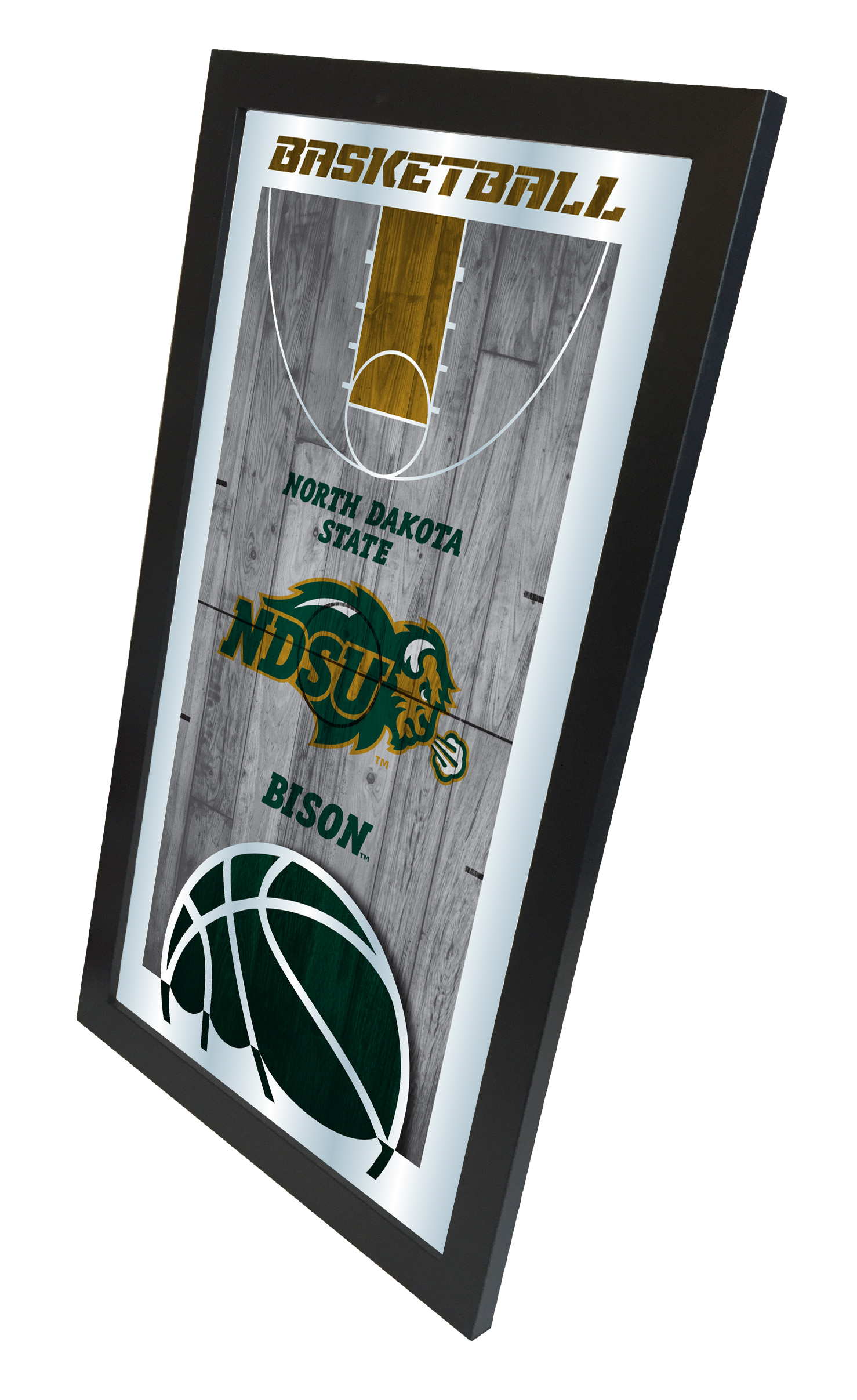 North Dakota State University Bison logo on a basketball court design mirror, captured at an angled perspective.