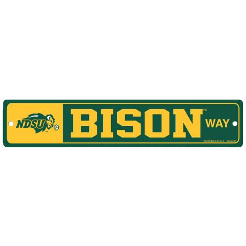 "North Dakota State University BISON WAY" street sign in team colors, symbolizing the path of the Bison faithful.