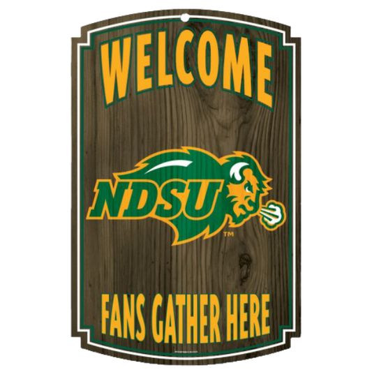 Handcrafted NDSU Bison wood sign with "Welcome - Fans Gather Here" inscription, celebrating team spirit and unity.