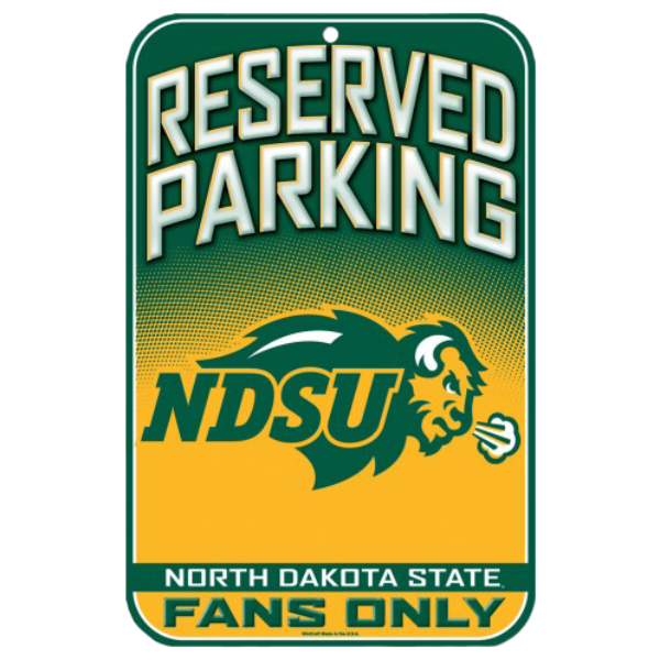 Bold NDSU Fans Only reserved parking sign featuring vibrant team colors and the Bison logo, symbolizing exclusive game day spirit.