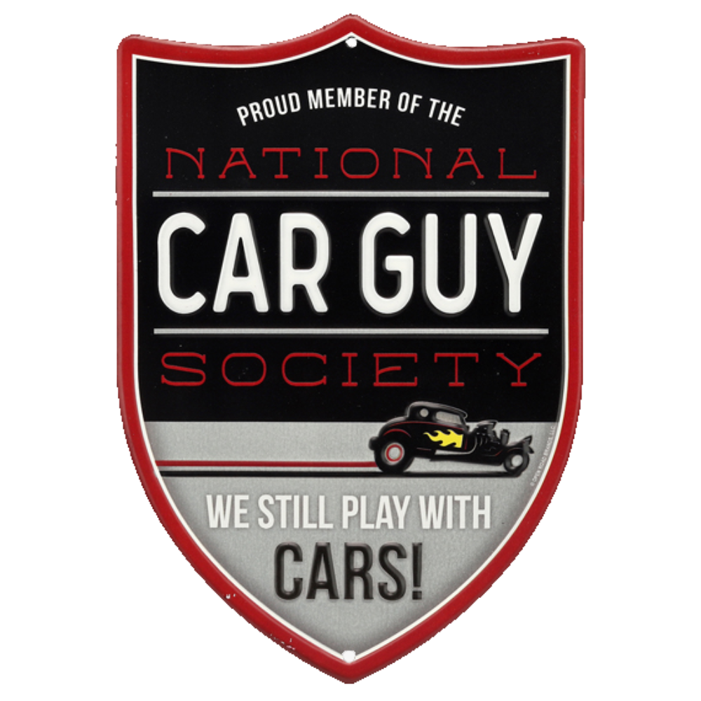 Shield-shaped tin sign for the 'National Car Guy Society' with retro car illustration and membership declaration.