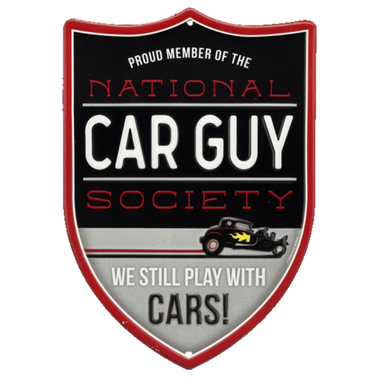 Shield-shaped tin sign for the 'National Car Guy Society' with retro car illustration and membership declaration.