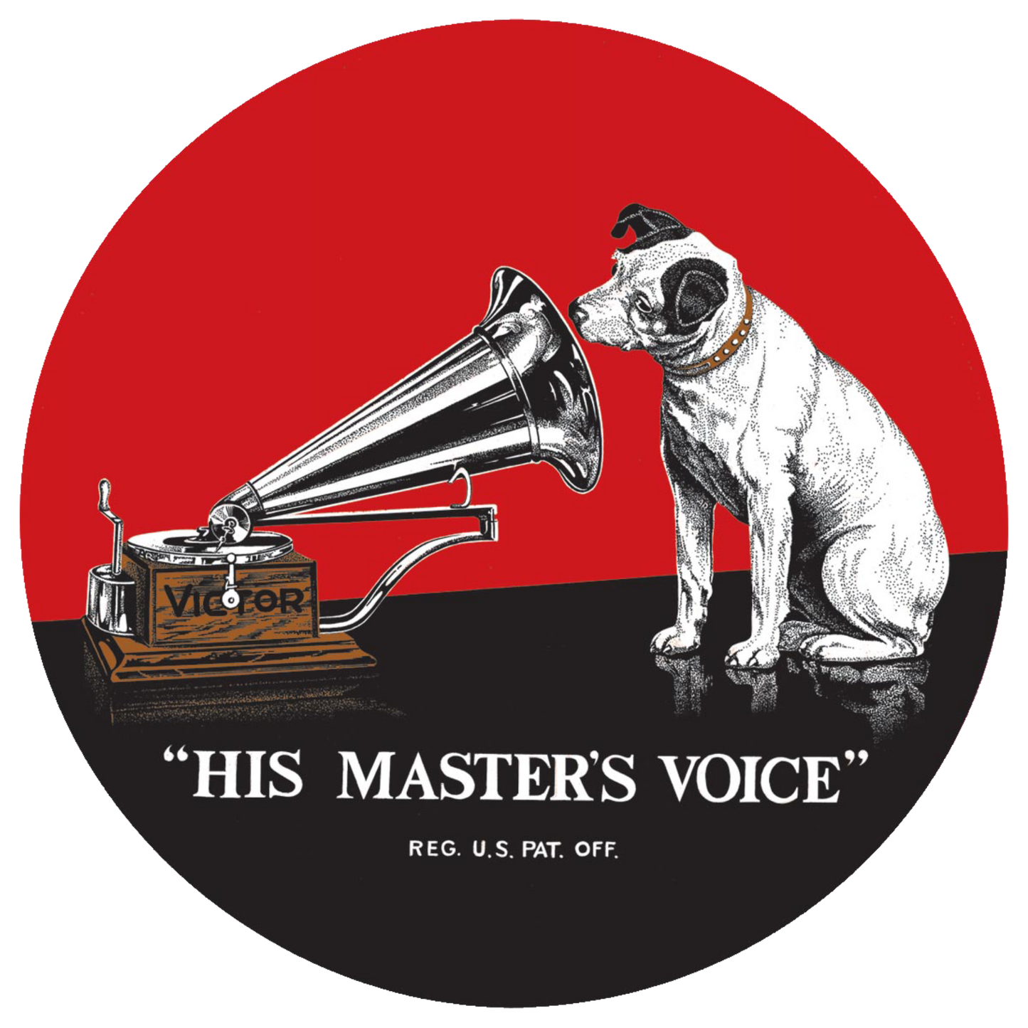 Classic Nipper the dog listening to a gramophone with "His Master's Voice" inscription on a round red tin sign.