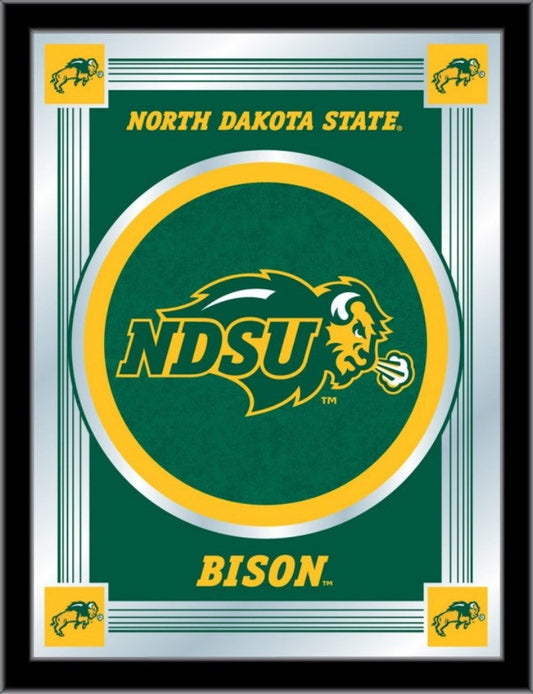 North Dakota State University Bison logo mirror with vibrant team colors, framed in black, perfect for NDSU fans to display their team spirit.