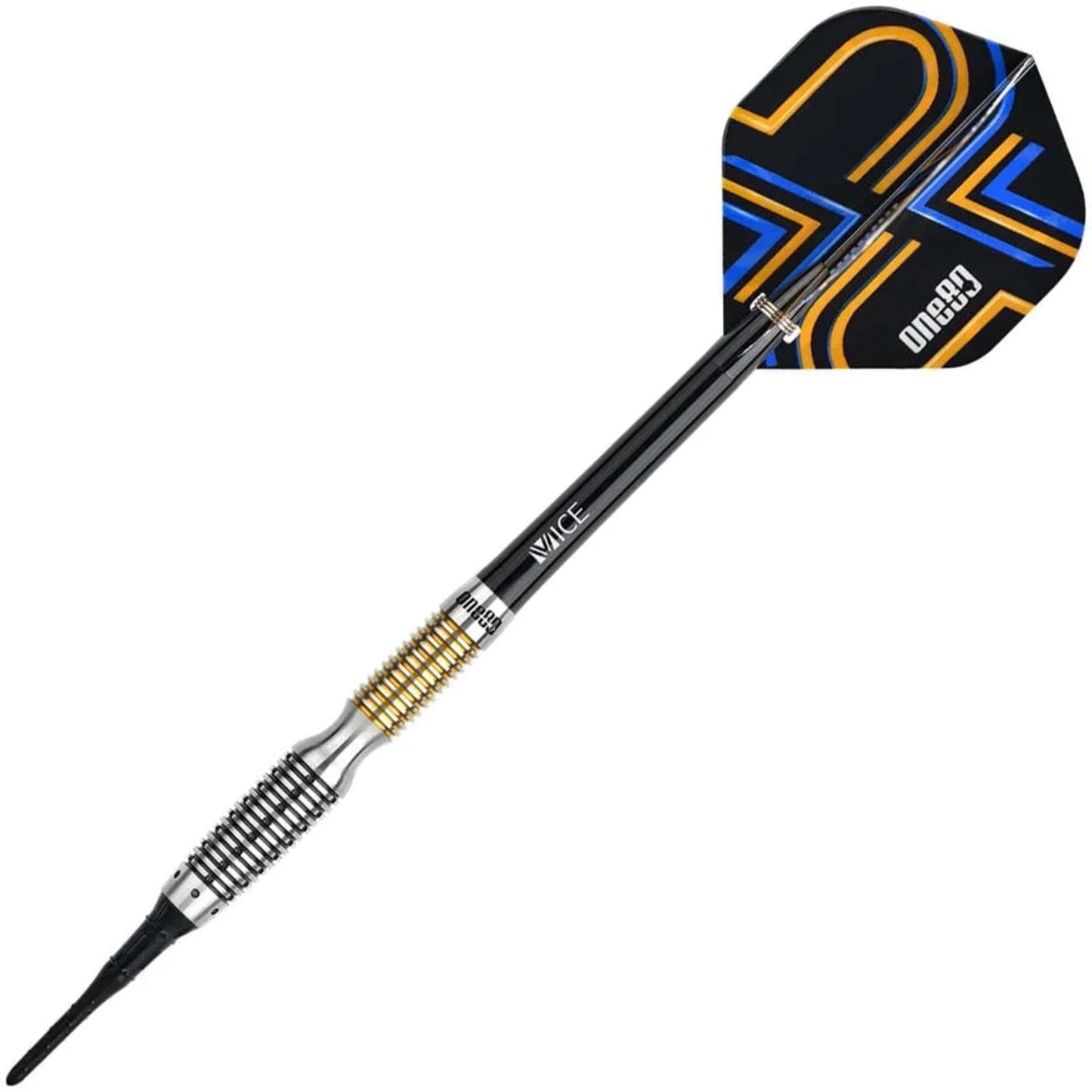 A single dart from the One80 Ascent Soft Tip Dart Set. The barrel is primarily silver, with a concave grip featuring black grooves. Higher up on the barrel is another set of grooves that are gold-colored. The shaft is black, and the flight is black featuring gold and blue linework in an organic shape. "one80" is displayed on the flight in white text, and in black on the top of the barrel.