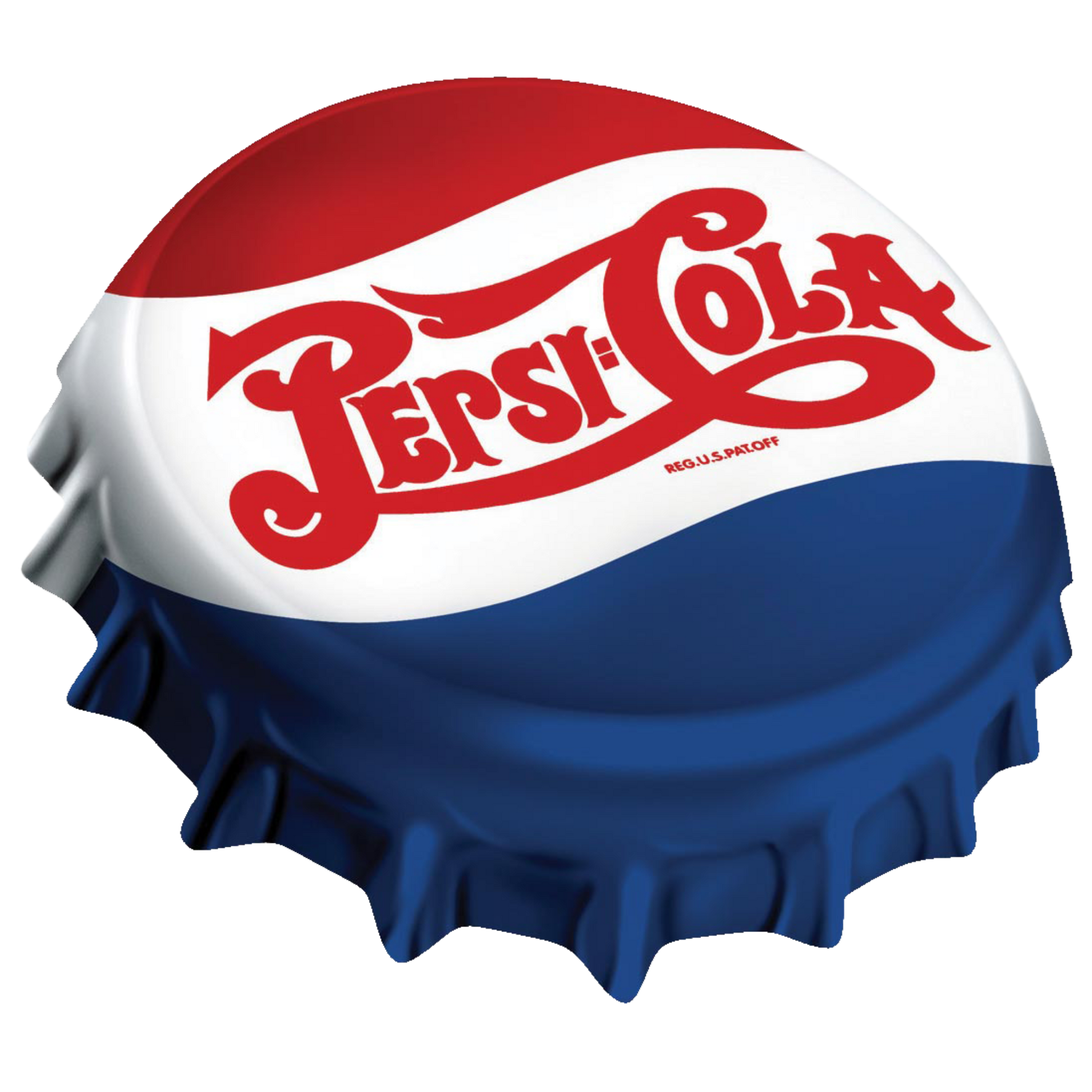 Metallic Pepsi-Cola bottle cap sign in red, white, and blue with vintage design.