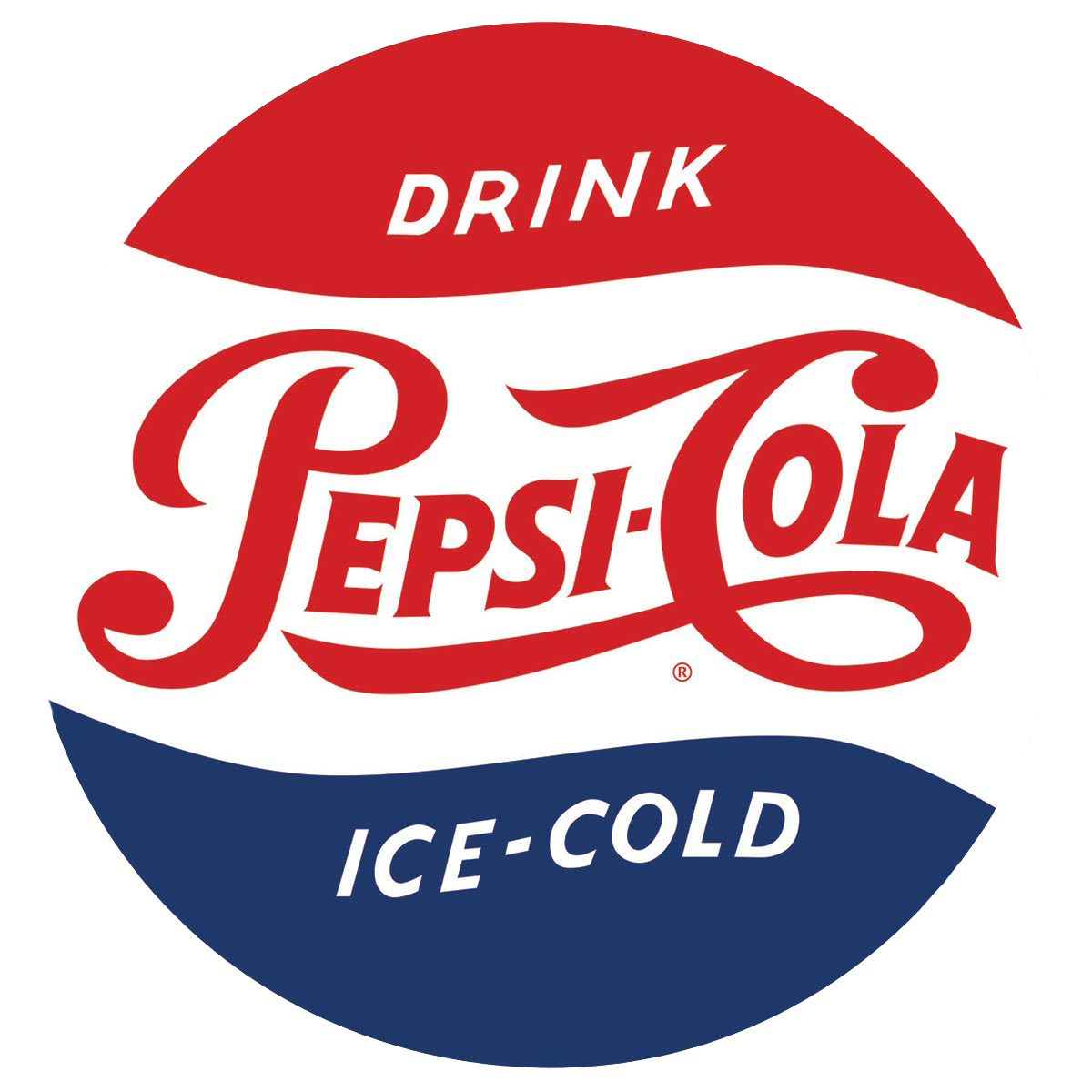 Classic Pepsi-Cola logo in red, white, and blue with "Drink" and "Ice-Cold" text on a circular tin sign.