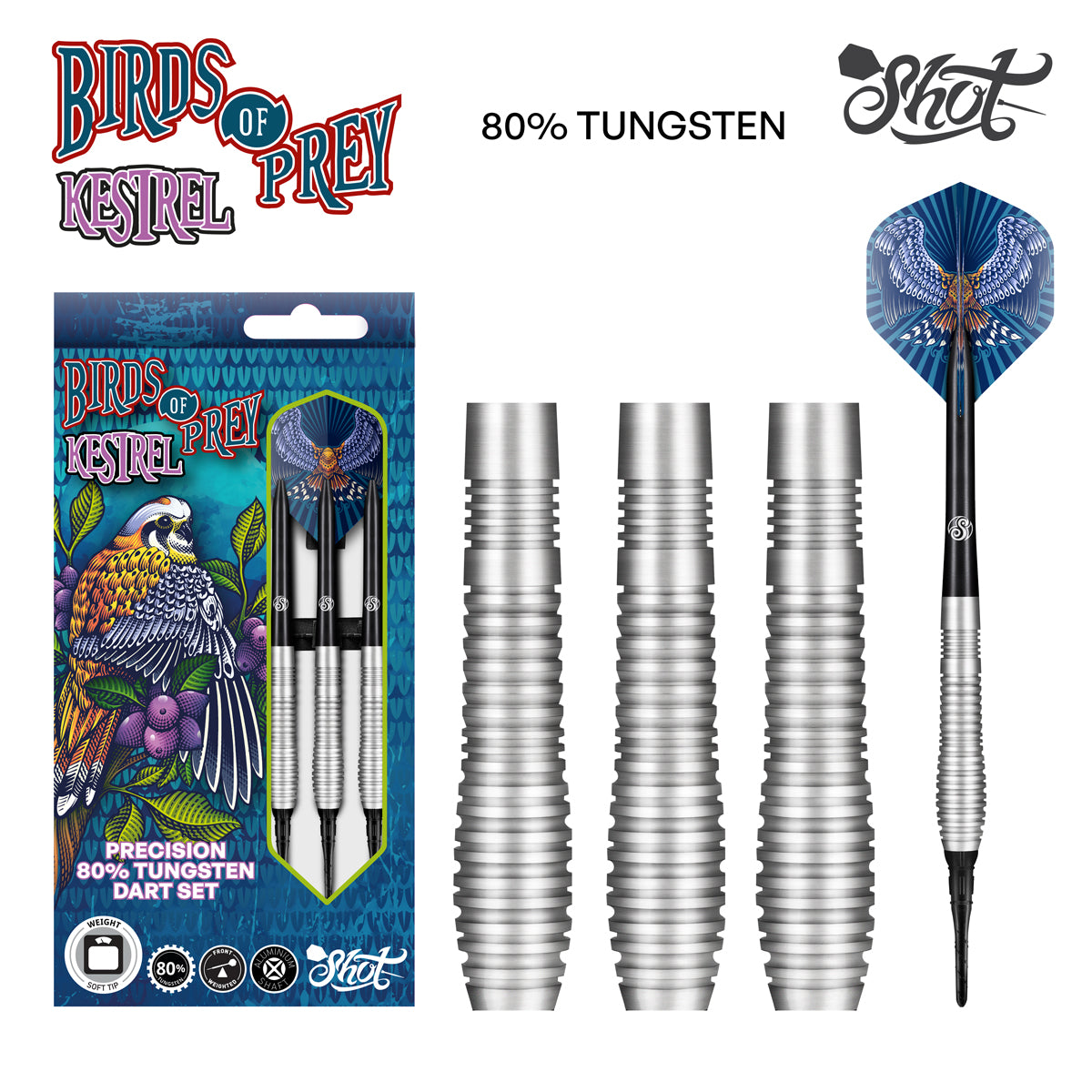 Shot Darts Birds of Prey Kestrel Soft Tip Dart Set - 80% Tungsten Barrels -18gm