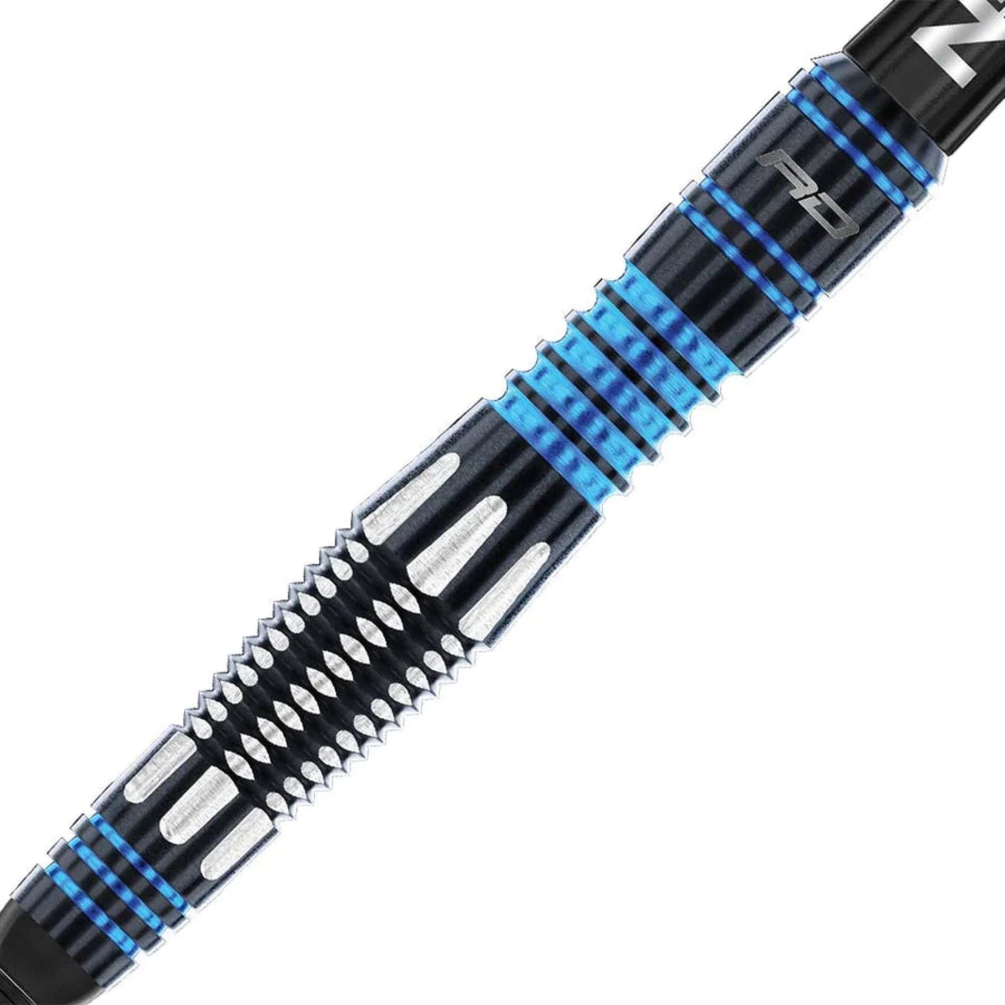 A closeup picture of the barrel on a Red Dragon Marlin Soft Tip Dart. The barrel is black, with silver detailing on the knurling. The grooves of the knurling closer to the shaft are blue. Even closer to the shaft, there are 4 narrower grooves that are a darker blue.