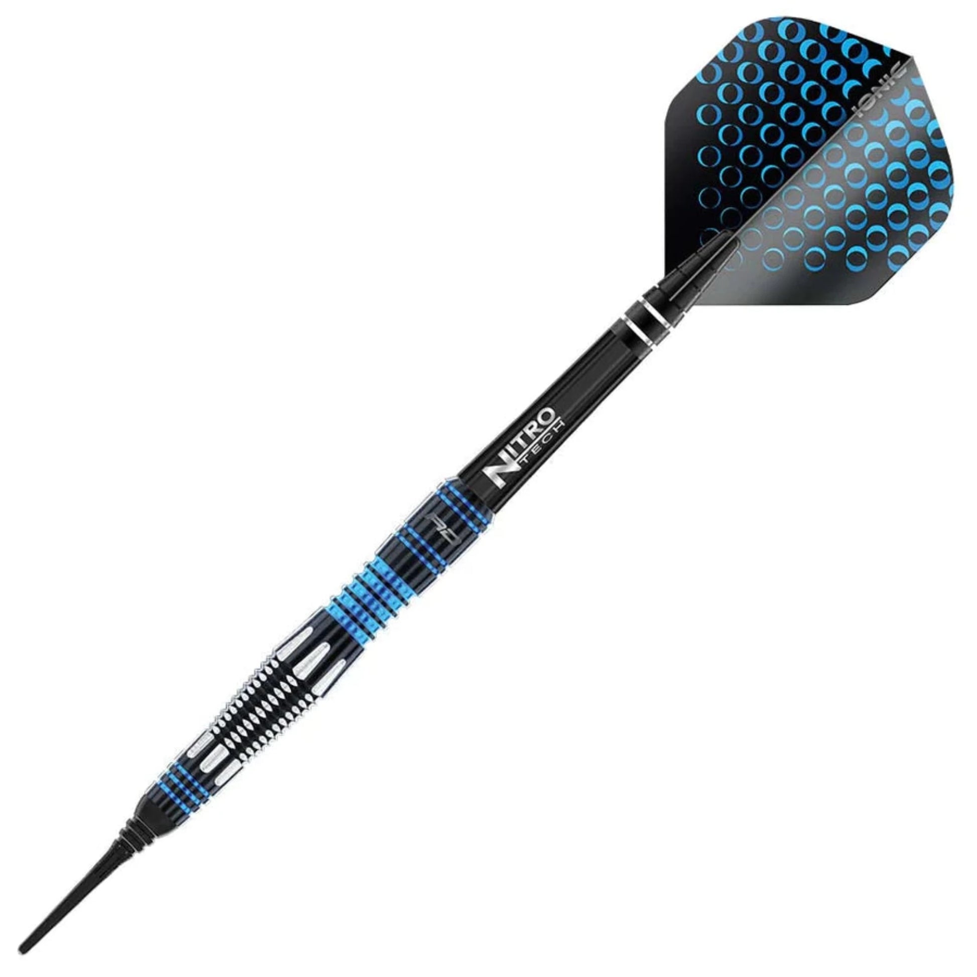 A single dart from the Red Dragon Marlin Soft Tip Dart Set. The dart is prominently black, with blue and silver accents throughout the barrel, shaft, and flight. The knurling on the barrel is sky blue. The flight features a blue circle pattern.