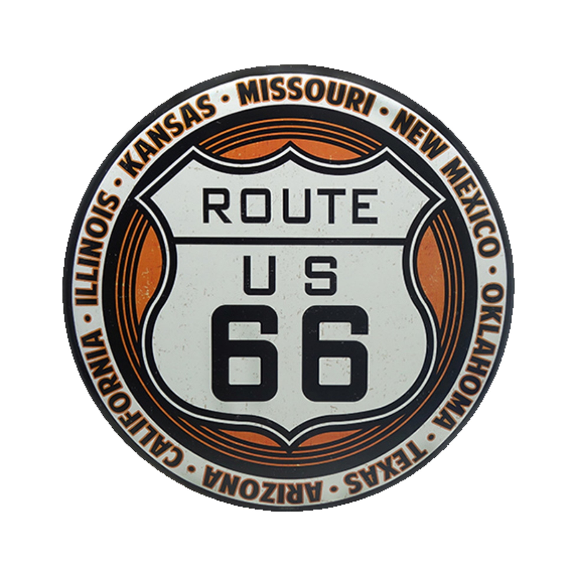 Round tin sign showcasing the iconic Route 66 logo surrounded by the names of the states it passes through.