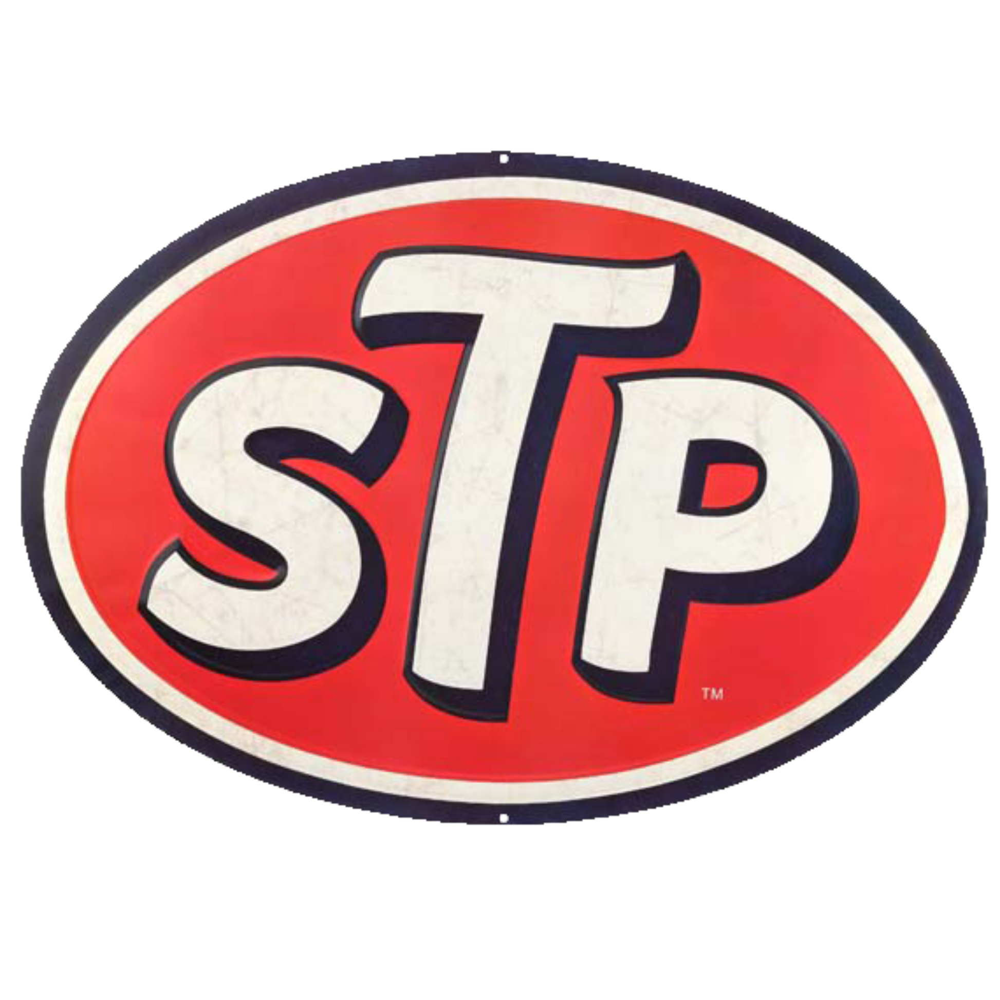 Oval red metal sign with the embossed STP logo in bold white and black letters.