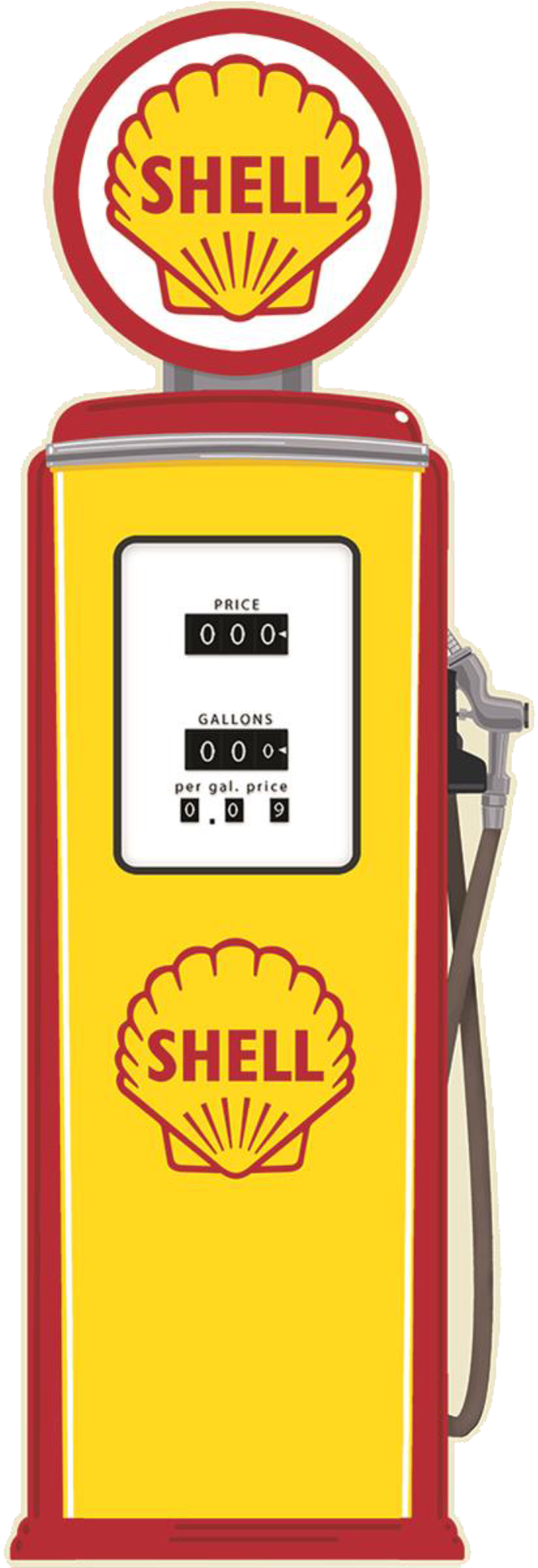 Retro Shell gasoline pump tin sign in bright yellow with the iconic Shell logo.