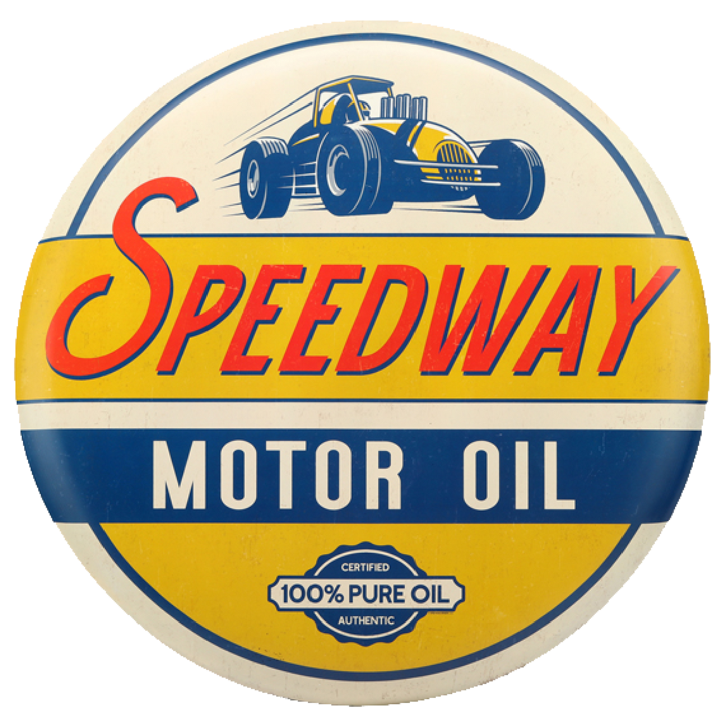 Round tin sign featuring Speedway Motor Oil design with a blue race car illustration.
