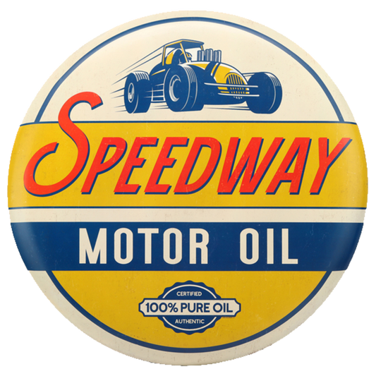 Round tin sign featuring Speedway Motor Oil design with a blue race car illustration.