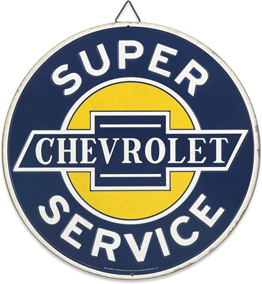 Round tin sign with blue and yellow design featuring the words "Super Chevrolet Service" and the Chevrolet logo.