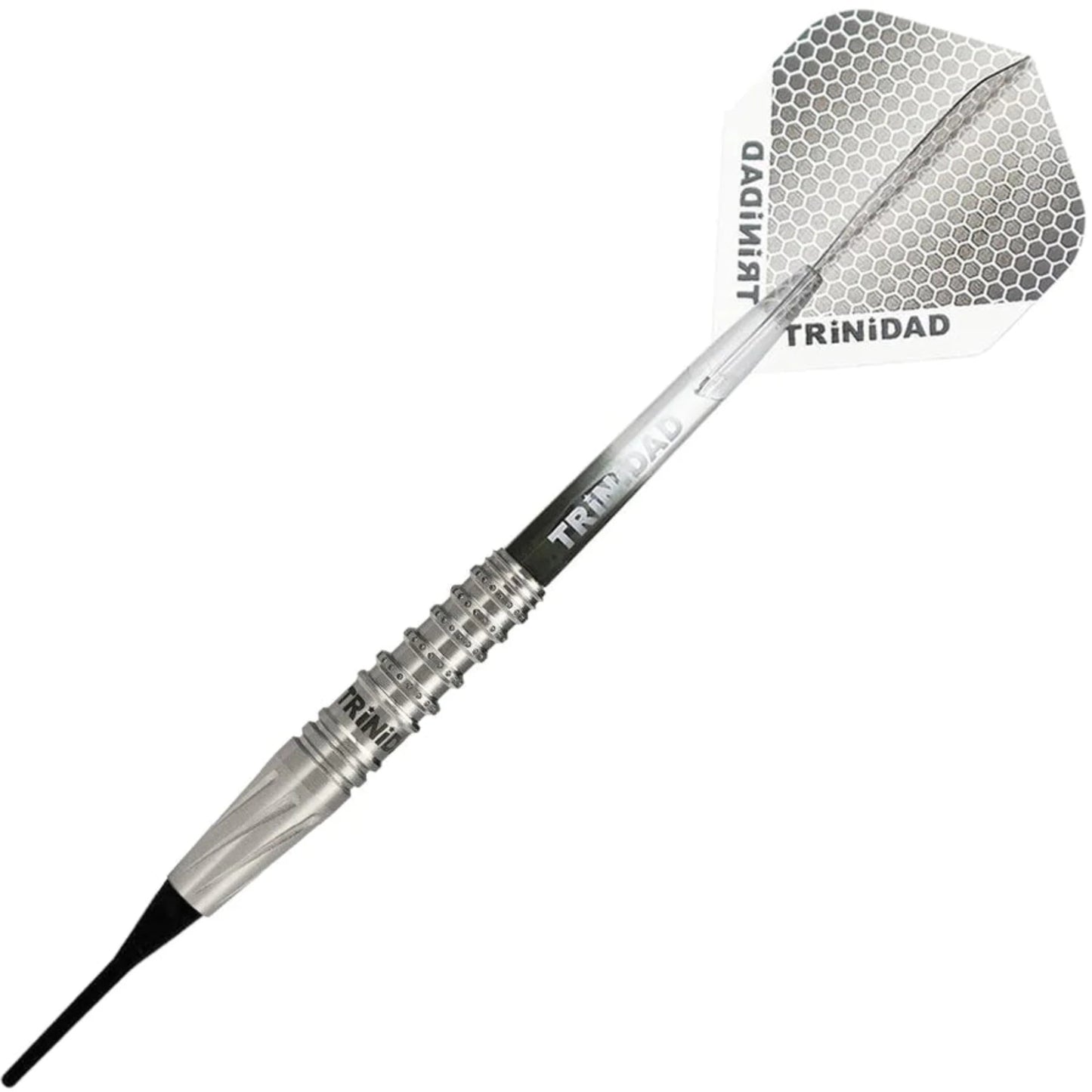 A single dart from the Trinidad Pro Series Ivan Type 2 set. The dart features a black tip, silver knurled barrel, and ombre black to clear acrylic shaft. The flight is mainly silver with white hexagon patterning. The brand name, Trinidad, is featured on the grip, shaft, and flight.