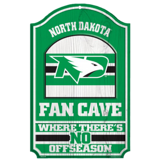 UND Fan Cave wood sign in vibrant green and white, proclaiming 'Where There's No Offseason' for the ultimate Fighting Hawks supporter.