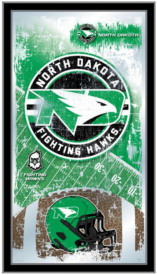 UND Fighting Hawks football team crest on a vibrant green mirror, perfect for fans and alumni