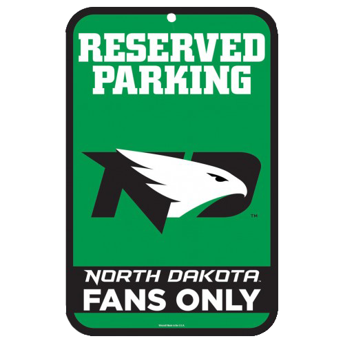 Exclusive UND reserved parking sign in vivid green, featuring the UND logo, reserved for dedicated University of North Dakota fans.