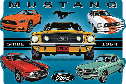 A collage of classic Ford Mustang models from 1964 onwards on a die-cut tin sign, emphasizing the heritage and style of the iconic muscle car.