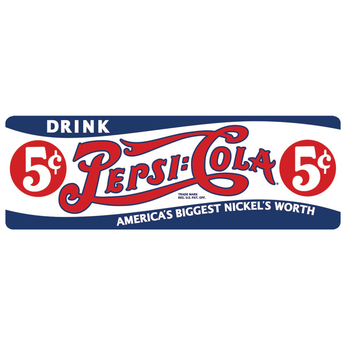 Vintage-style Pepsi-Cola tin sign with "5 cents" price tag, in red and blue colors.