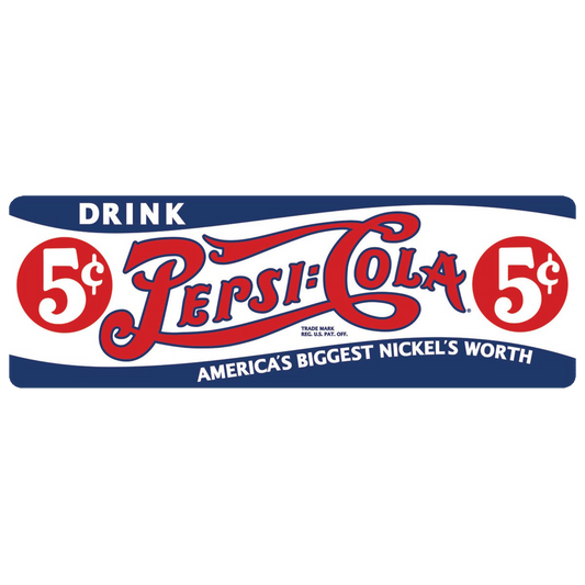 Vintage-style Pepsi-Cola tin sign with "5 cents" price tag, in red and blue colors.