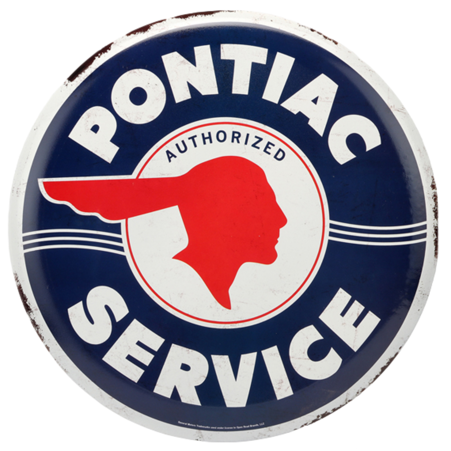 Round blue tin sign with "PONTIAC AUTHORIZED SERVICE" in white and a red silhouette of the Pontiac emblem.