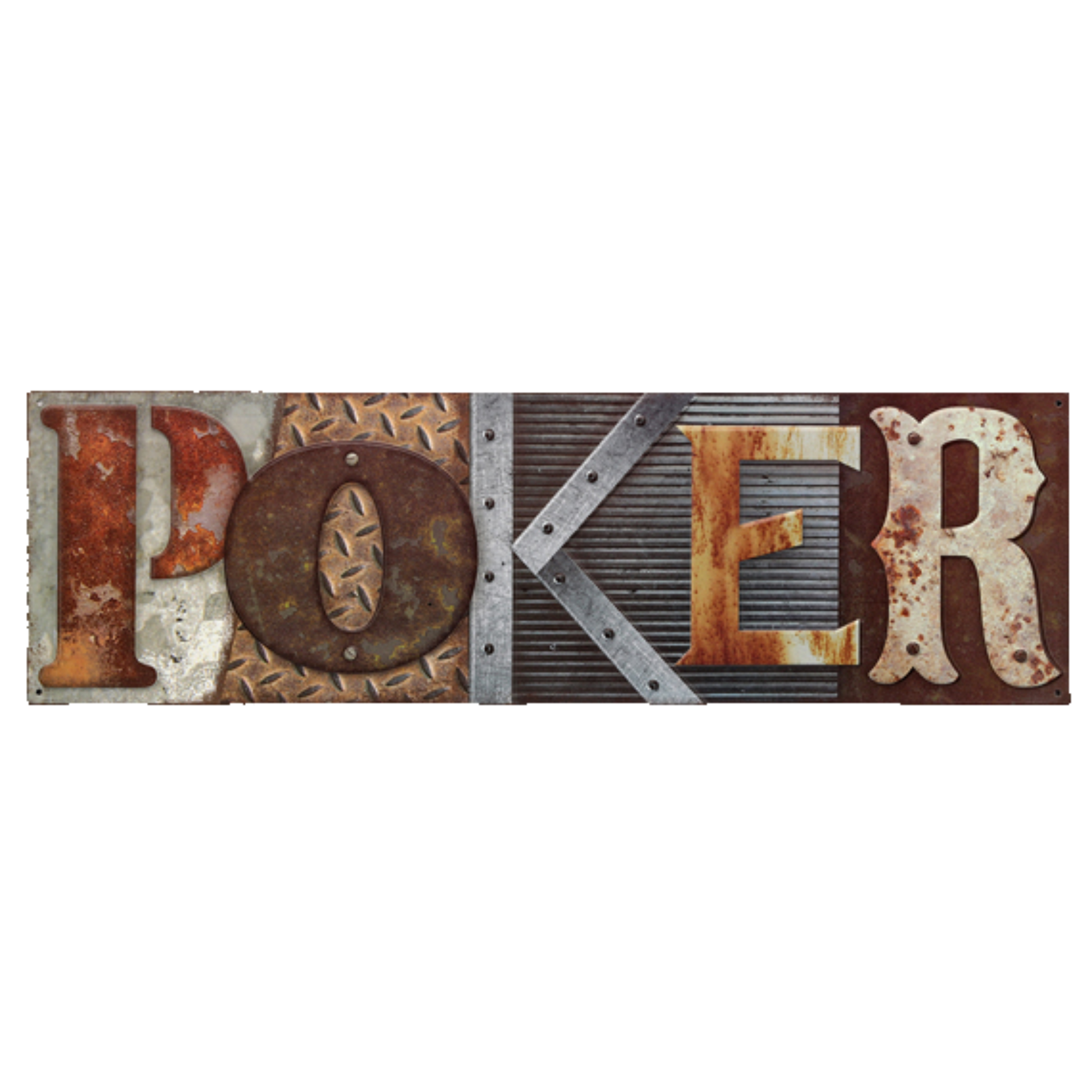 Rusty tin sign spelling out "POKER" with industrial and vintage design elements.