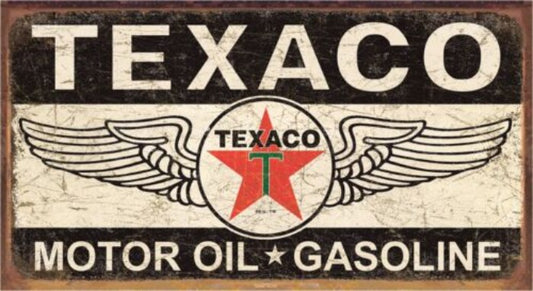 Rustic tin sign featuring the Texaco logo, wings, and the words "Motor Oil - Gasoline".