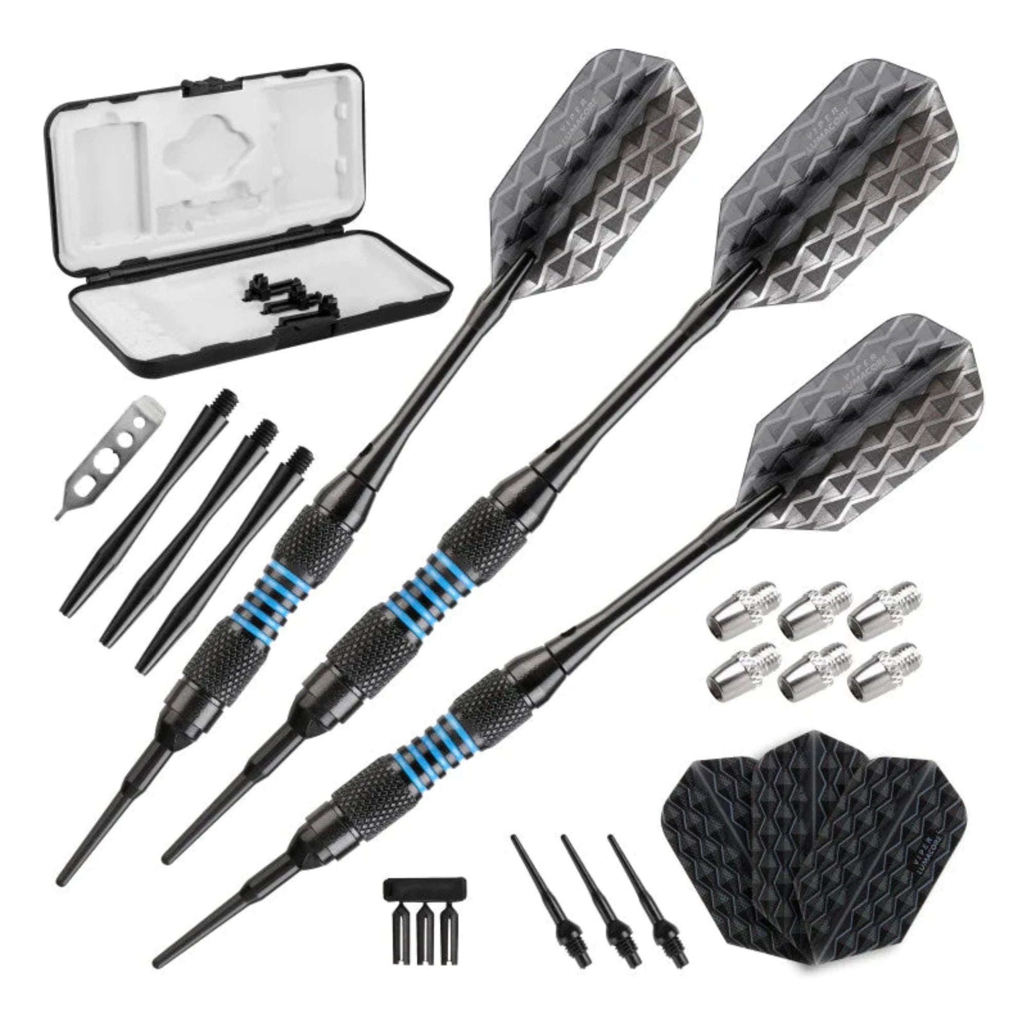 Viper bobcat adjustable soft tip dart set with accessories and case.