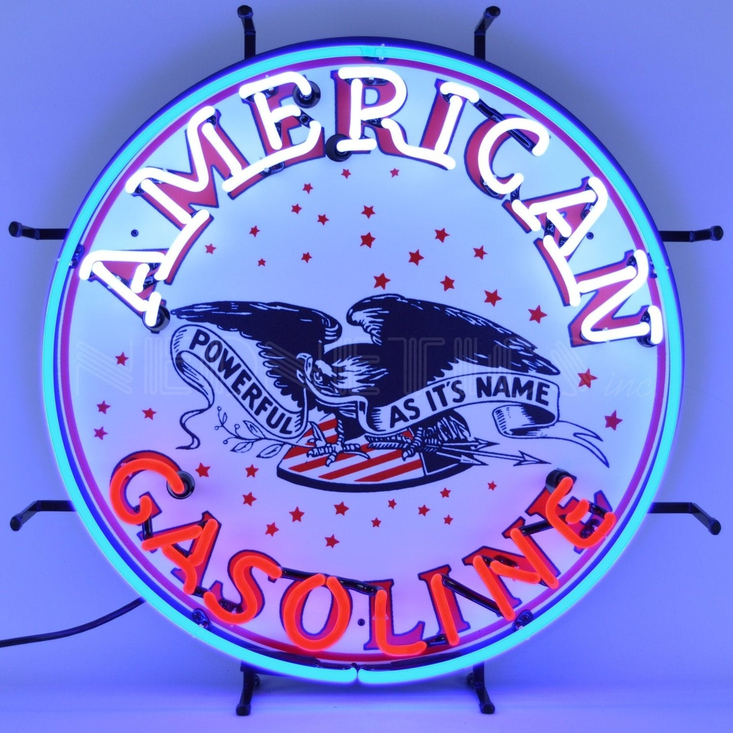 "American Gasoline" round neon sign with an eagle and stars in red, white, and blue.