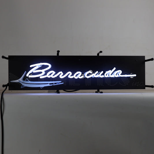"Barracuda" in White Neon Script Illuminating a Dark Room.