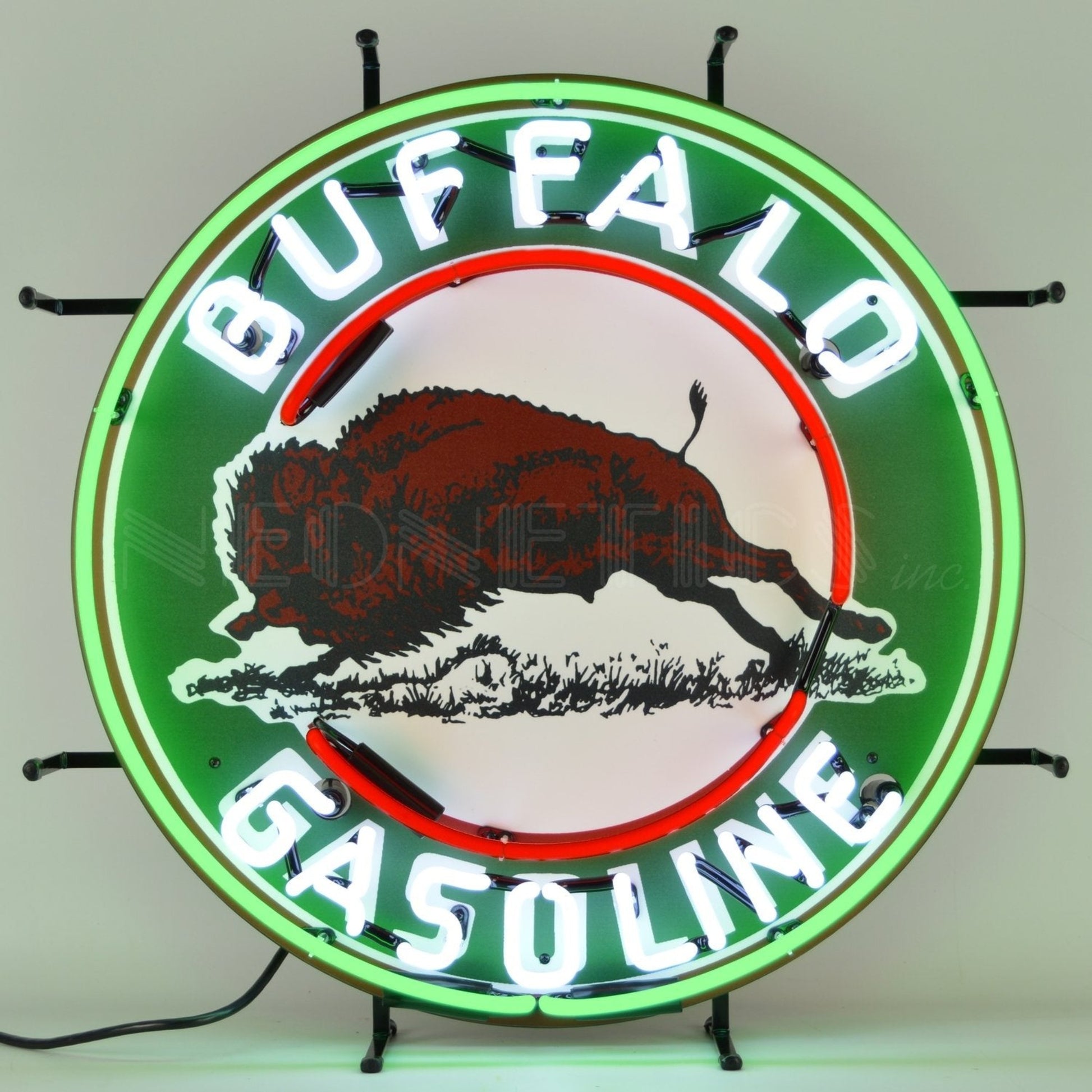 "Buffalo Gasoline" neon sign with an image of a buffalo in red and green neon.