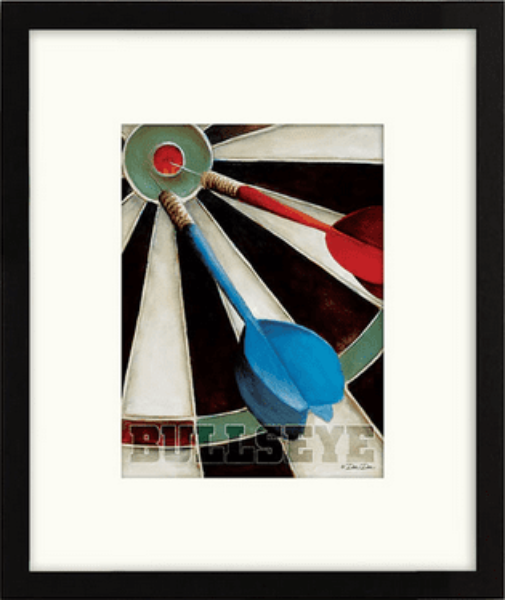Classic 'Bullseye' art print featuring darts in a dartboard, embodying the spirit of the game and precision in a vividly framed presentation.