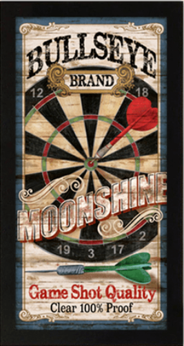 'Bullseye Moonshine' framed art print featuring a vintage dartboard design with wood grain background, celebrating the spirit of moonshine.