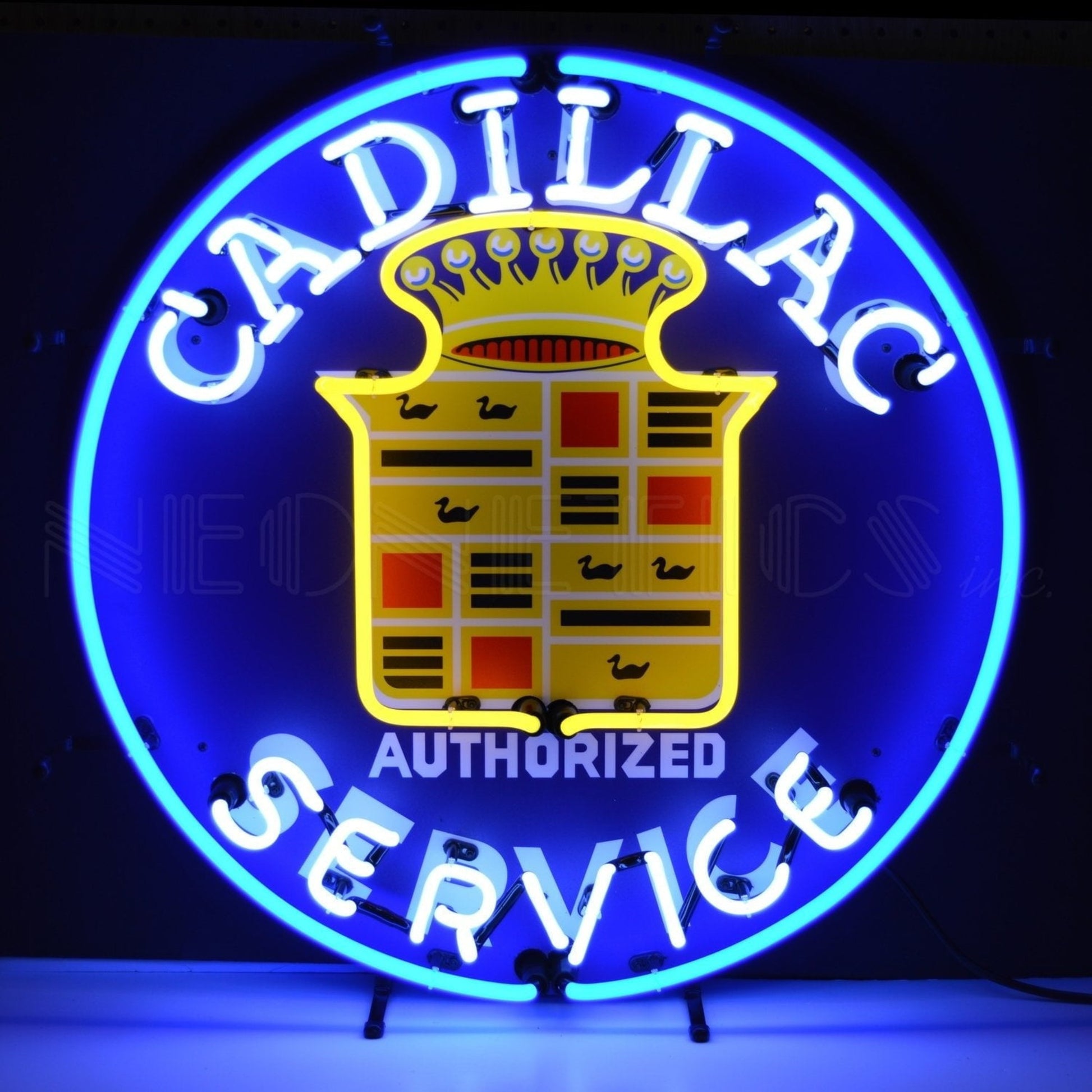 "Cadillac Authorized Service" neon sign with classic crest and crown emblem.