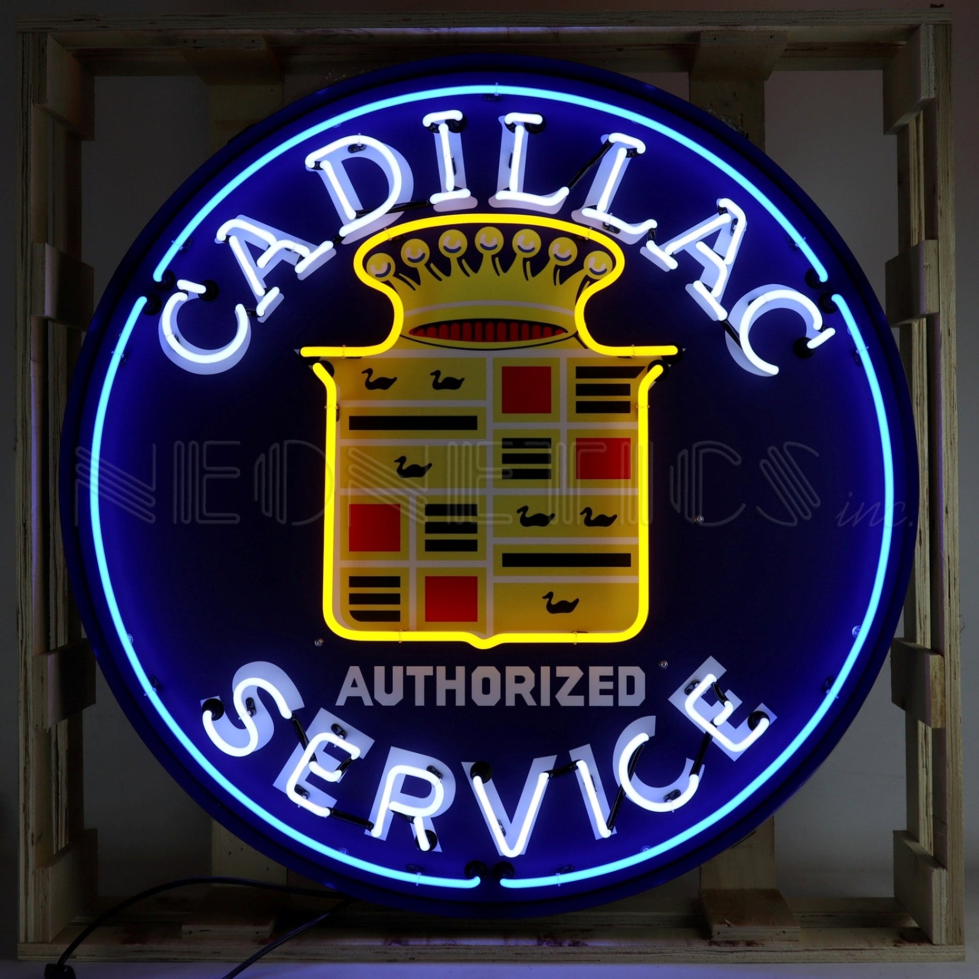 Cadillac Authorized Service neon sign in blue and yellow, 36 inches wide and high, encased in steel can.