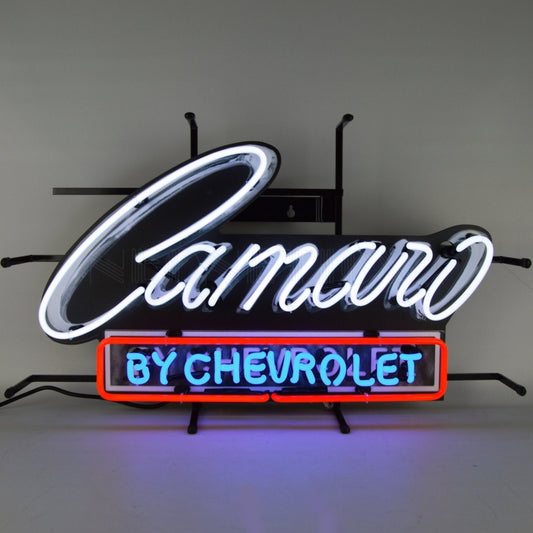"Camaro by Chevrolet" neon sign in white, red, and blue.