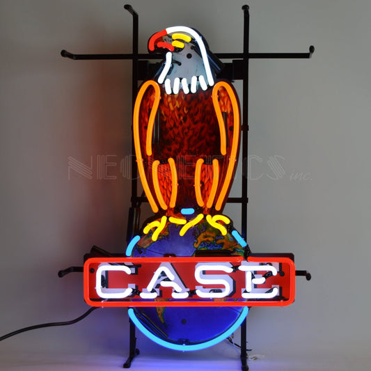 "Case Eagle International Harvester" neon sign with a multicolored eagle and vibrant lettering.