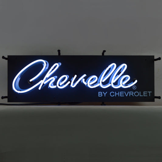 Classic Chevelle Script in Blue Neon on a Black Background