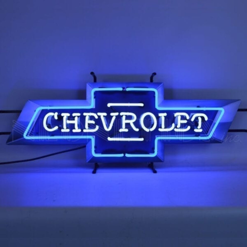 Chevrolet Bowtie Neon Sign, 37 inches wide by 14 inches high with blue neon and white lettering.