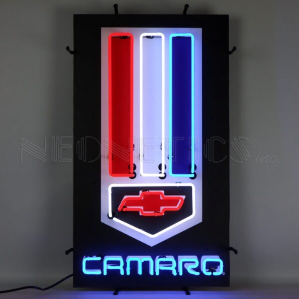 Chevrolet Camaro Neon Sign, 19 inches wide by 33 inches high, featuring the iconic Camaro emblem in neon lights.