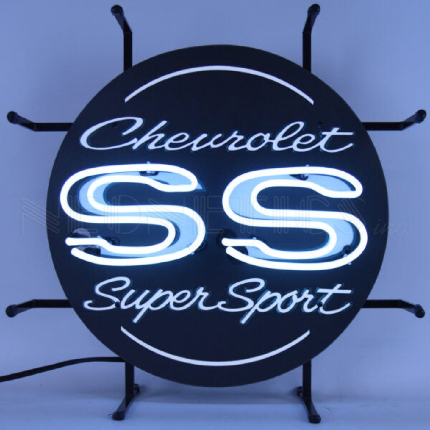 Chevrolet SS Super Sport Junior Neon Sign with bright blue and white neon lights.