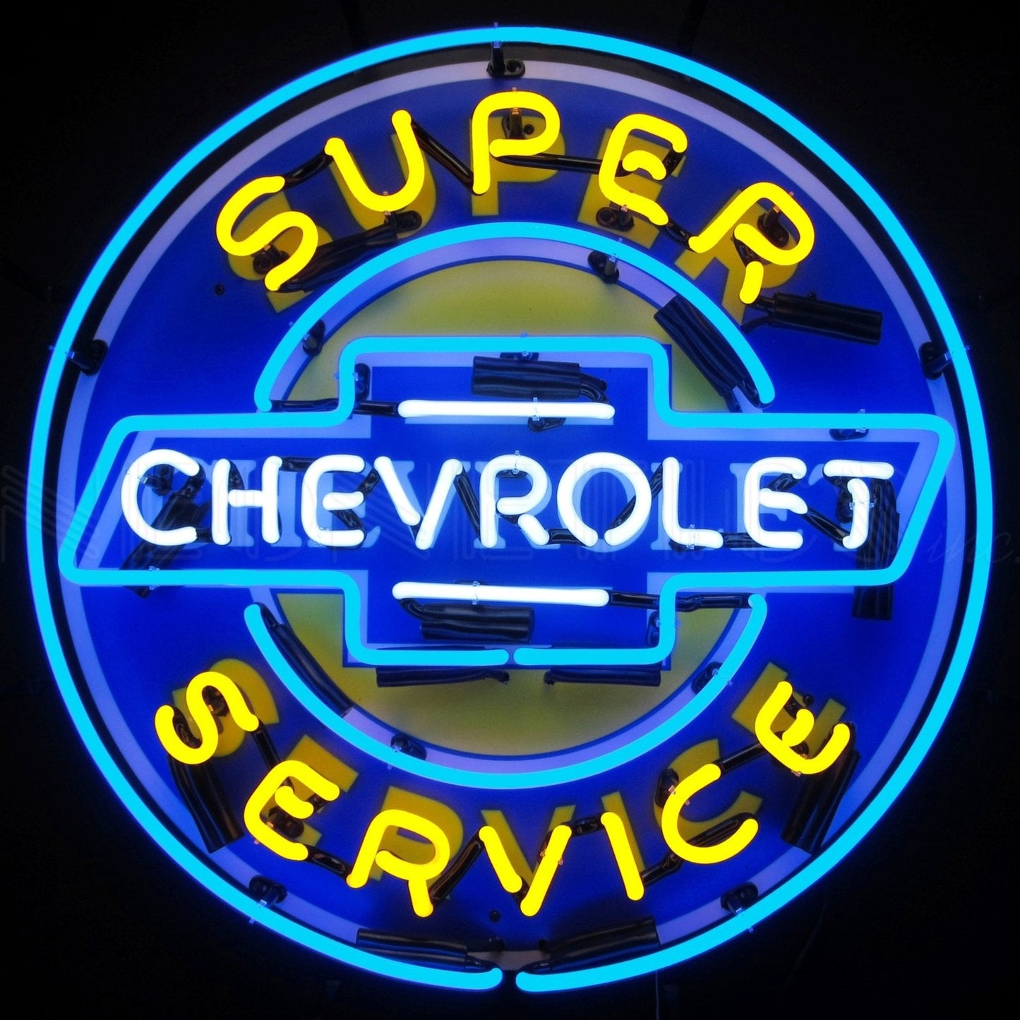 The Chevrolet Super Service Neon Sign features bright blue and yellow neon, encapsulating the vintage charm of classic car service in a modern glow.