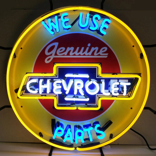"Chevrolet We Use Genuine Parts" neon sign with bold yellow and blue colors.