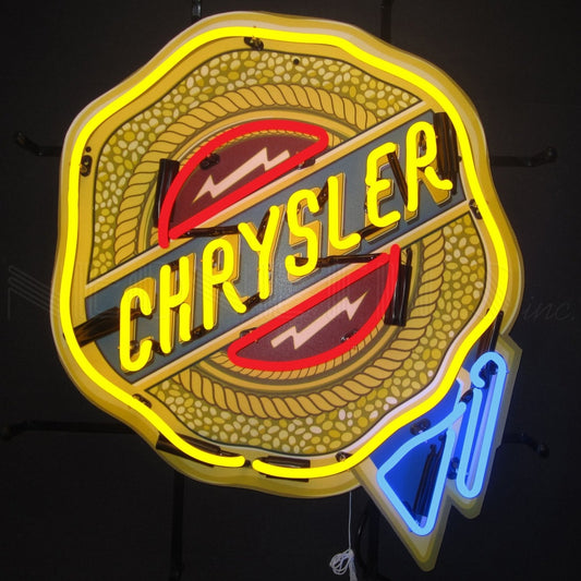 "CHRYSLER" badge neon sign in yellow and blue.